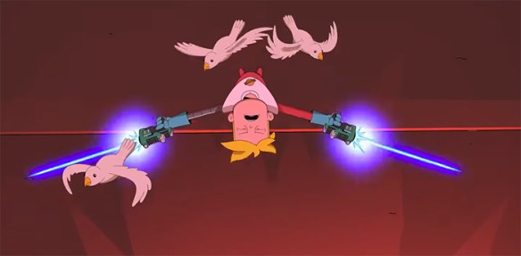 Gary slides into a room firing his guns while doves fly out.