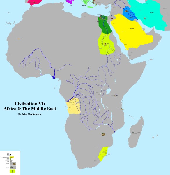 Africa and Middle East Map featuring The Zulu, The Kongo, Nubia, Egypt, Arabia, Sumeria, and Persia