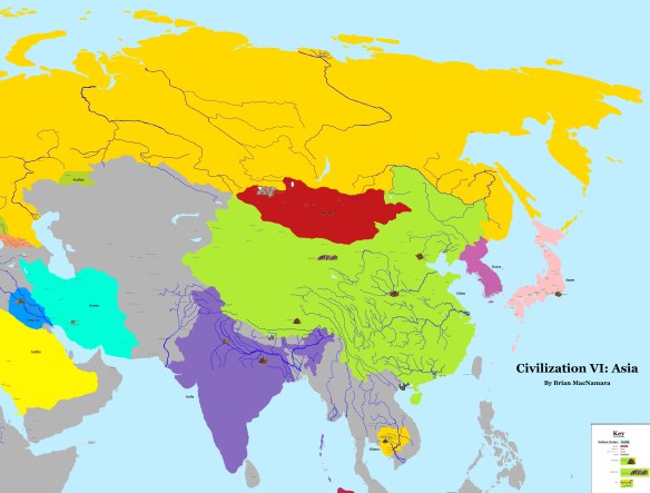 Asia map featuring Japan, Korea, Mongolia, Russia, China, India, Persia, Sumeria, Arabia, Scythia, and The Khmer