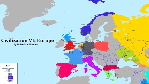 Europe Map Featuring Norway, England, Scotland, France, Spain, Rome, The Netherlands, Germany, Poland, Macedon, Greece, Scythia, Georgia, and Russia