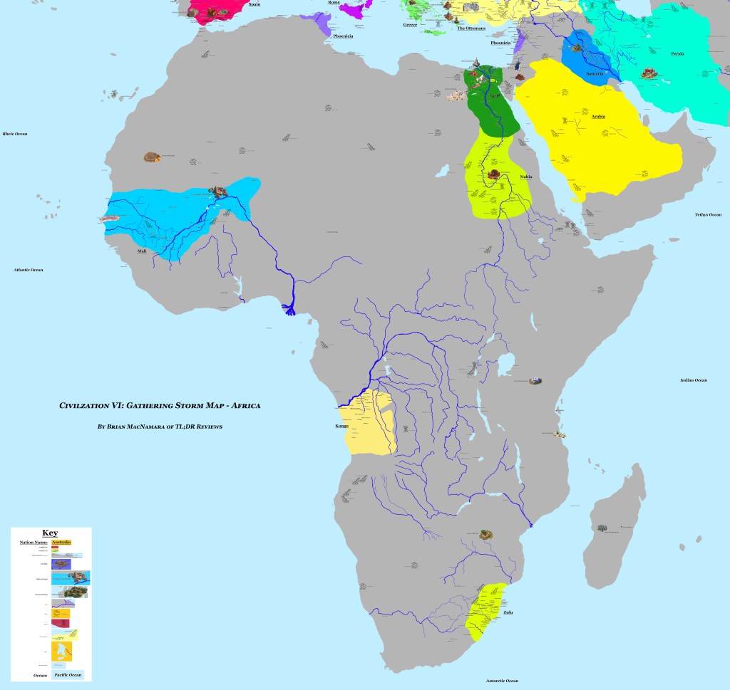 Map of Africa in Civilization VI: Gathering Storm featuring Egypt, Nubia, Congo, Mali and The Zulu.