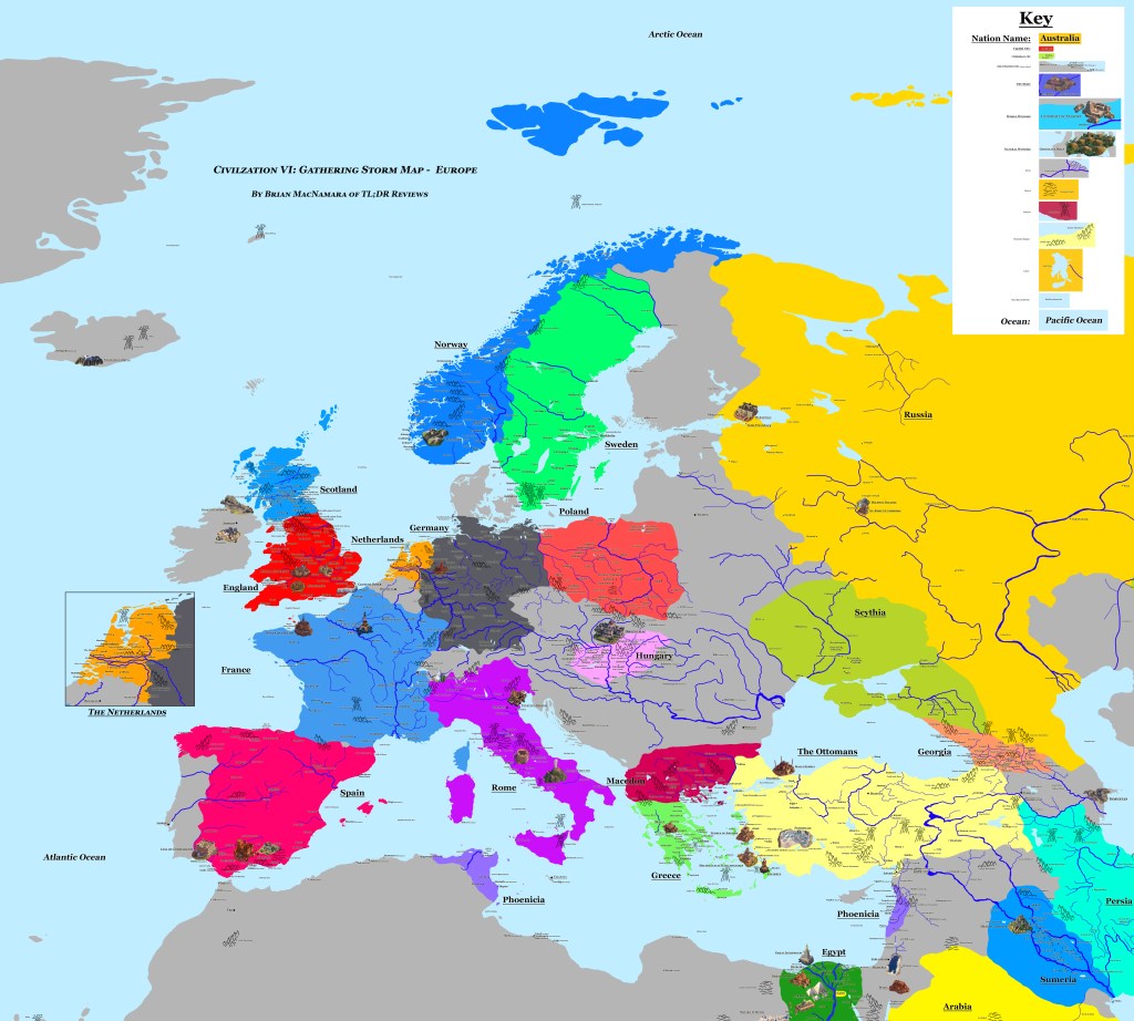 A Map of Europe from Civilization VI: Gathering Storm featuring Scotland, England, Spain, France, Germany, Rome, The Netherlands, Poland, Hungary, Norway, Sweden, Russia, Scythia, Georgia, Macedon, Greece, and The Ottomans