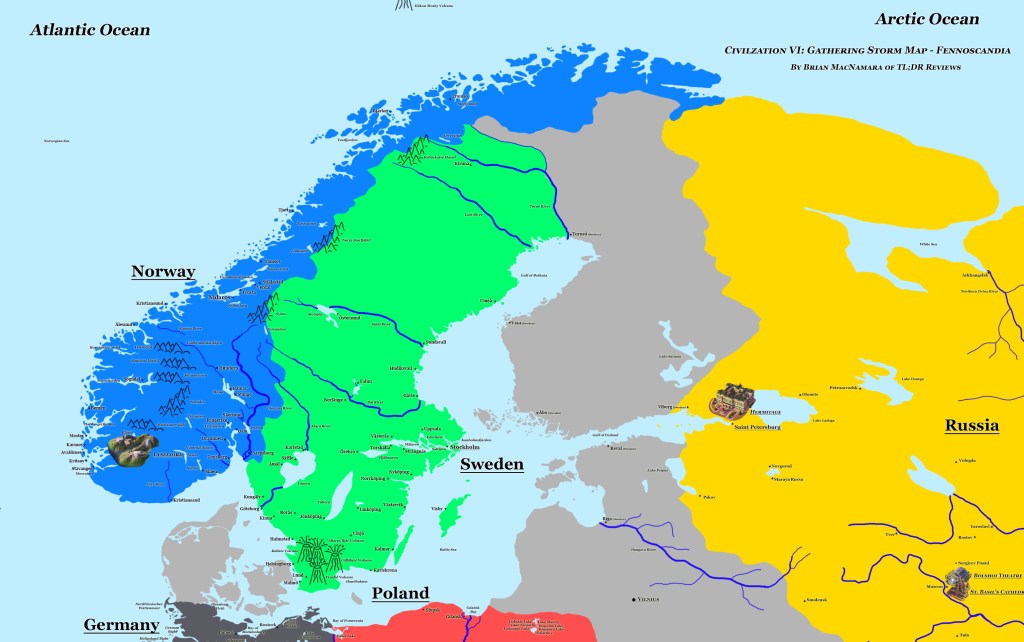 A Map of Fennoscandia from Civilization VI Gathering Storm featuring Norway, Sweden, and Russia