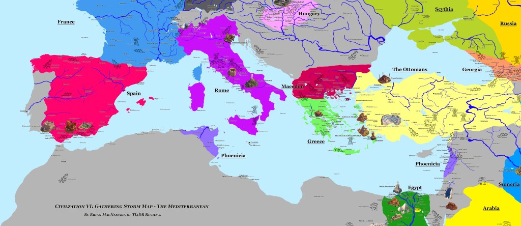 A Mediterranean Map of Civilization VI Gathering Storm featuring Spain, France, Rome, Macedon, Greece, The Ottomans, Phoenicia, and Egypt