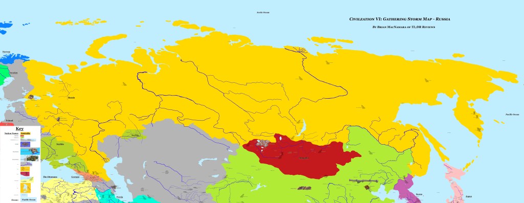 Russia map of Civilization VI Gathering Storm featuring Russia, Mongolia, and China