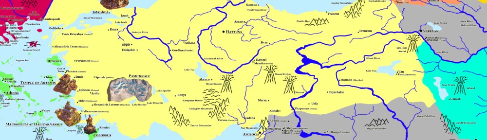 Turkey map of Civilization VI Gathering Storm featuring The Ottomans, Georgia, and Phoenicia