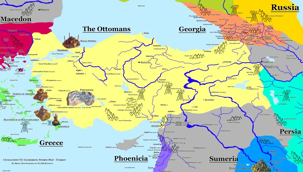 Turkey map of Civilization VI Gathering Storm featuring The Ottomans, Georgia, and Phoenicia