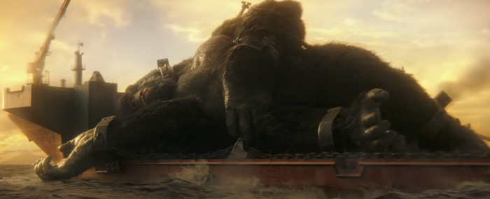 Kong on a boat in Godzilla vs. Kong. Image Credit: Warner Bros Pictures.