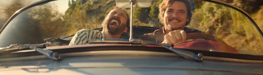 Nicolas Cage and Pedro Pascal driving in a car under the influence of LSD
