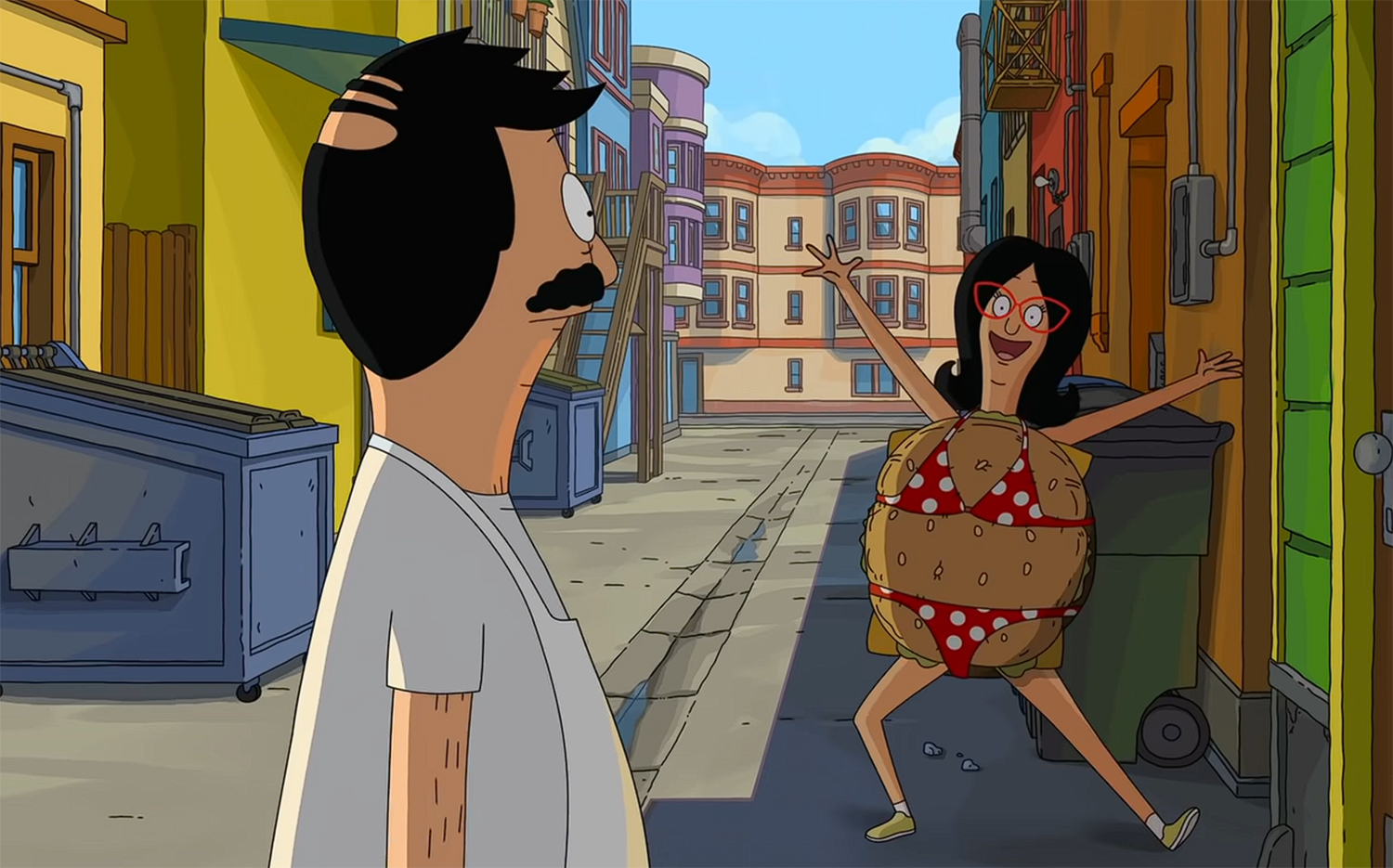 Linda in a burger costume