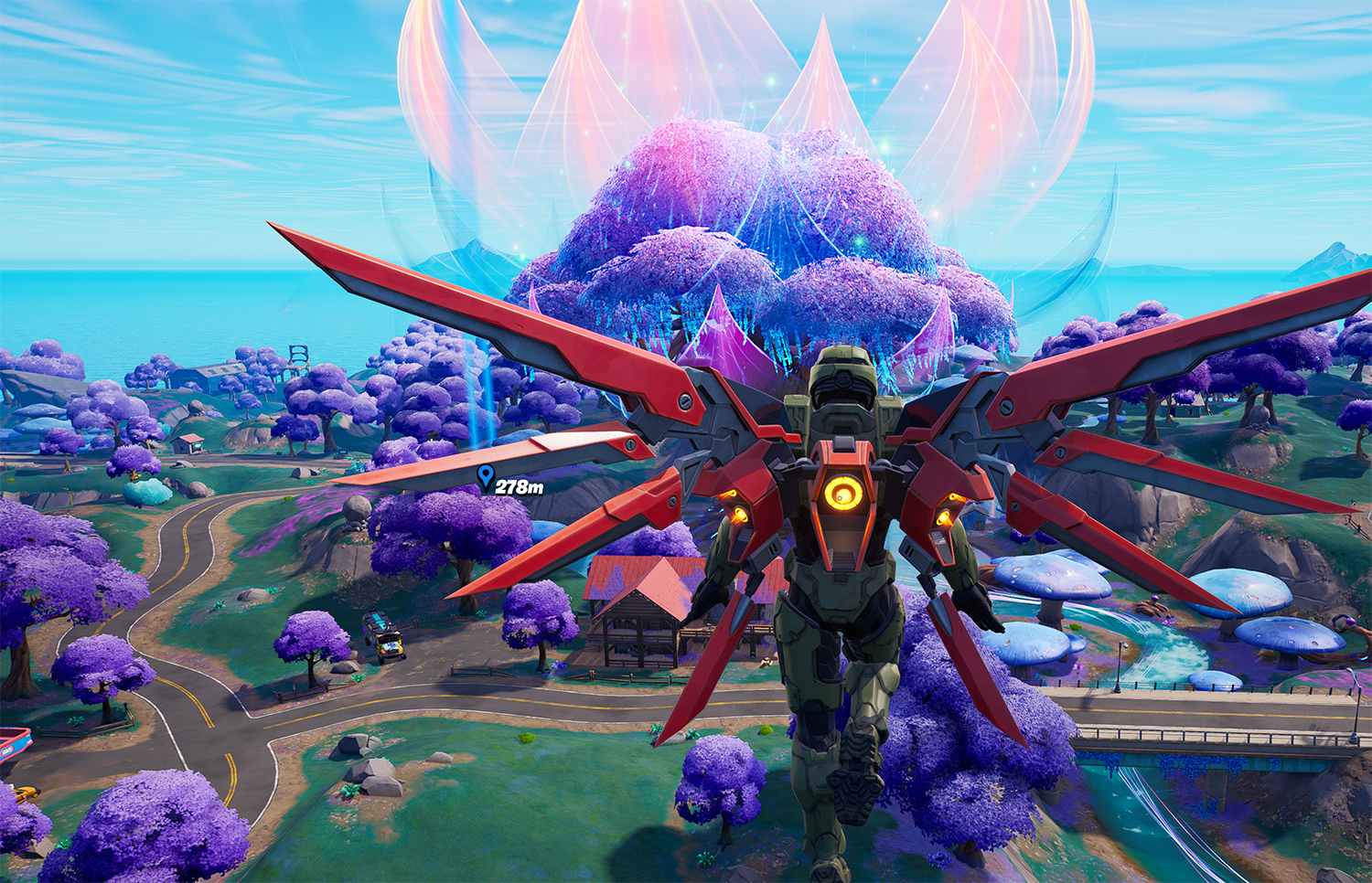 Landing near a technicolour tree.