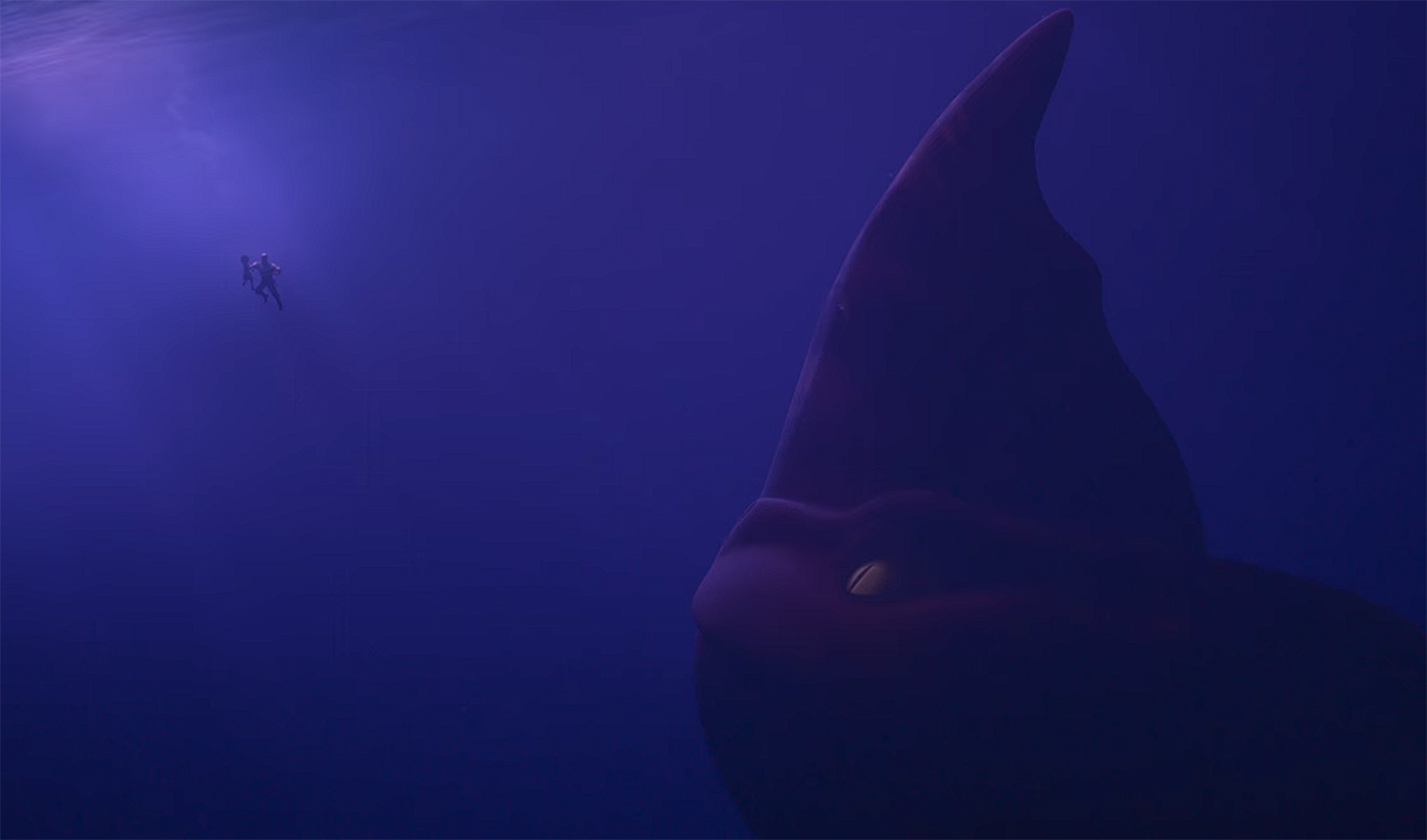 Red stares up at Maisie and Jacob from the depths