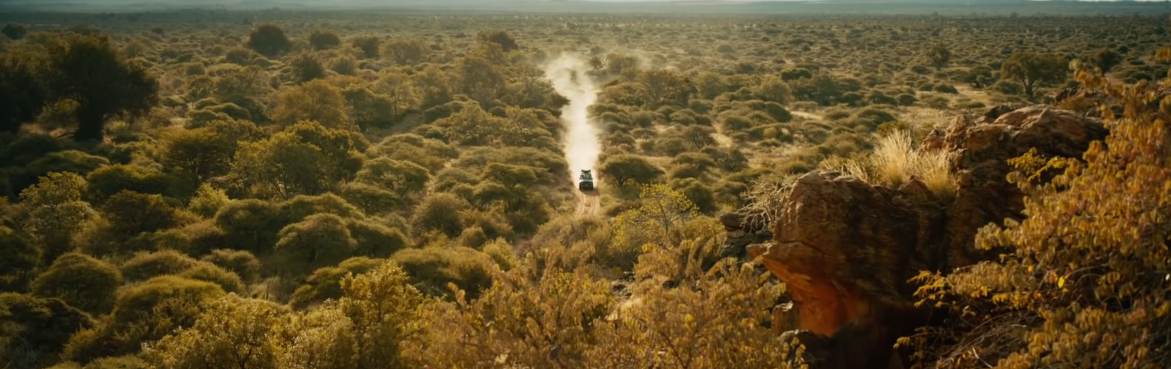 A truck drives through the South African bush.