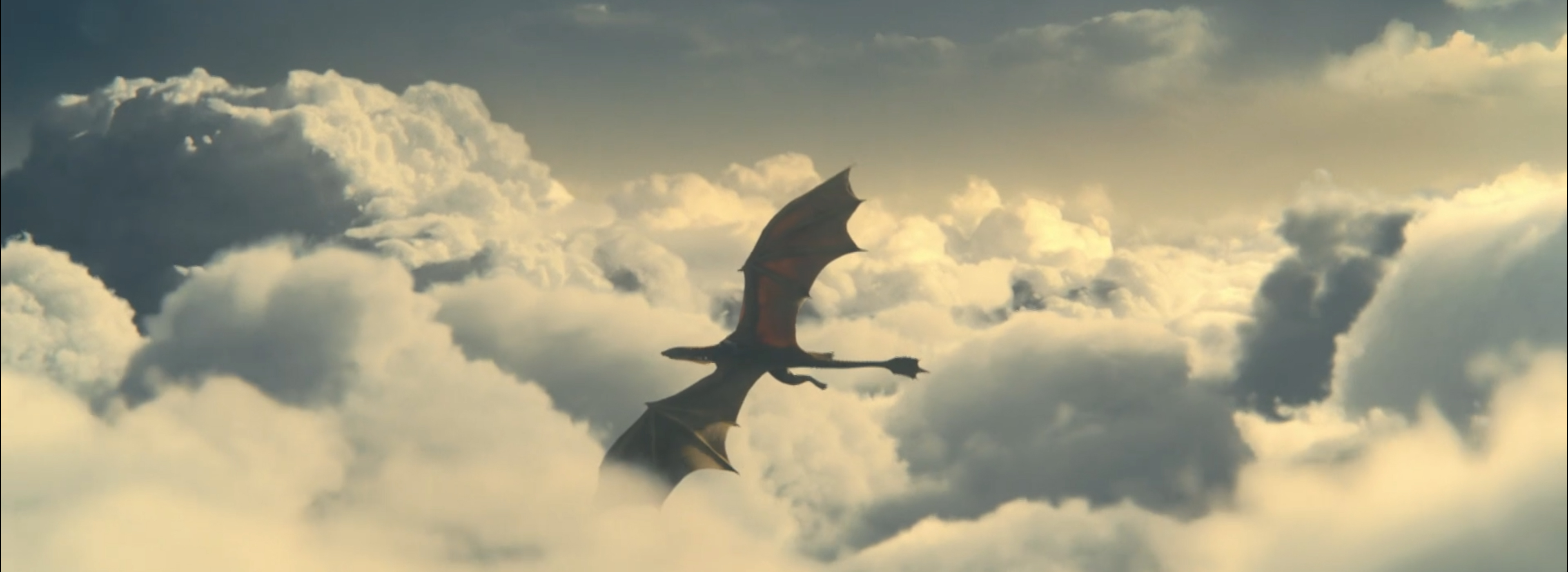 A dragon flies through the clouds.