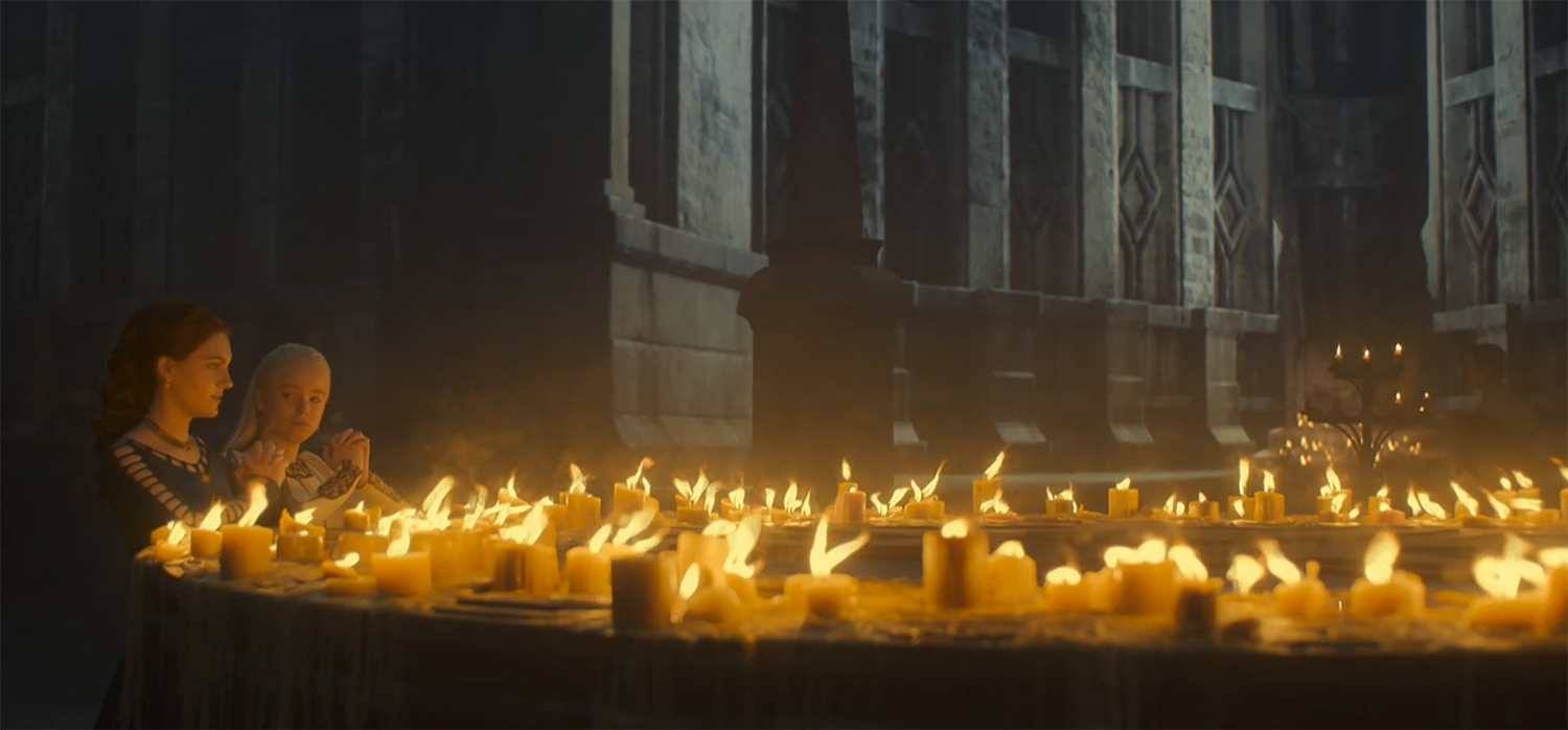 Rhaenyra Targaryen and Alicent Hightower pray at the Sept of Balor.