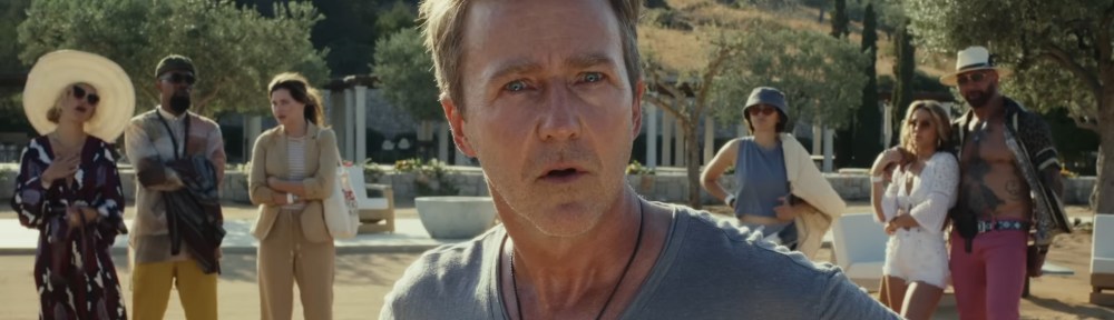 Everyone looks in shock as Benoit Blanc arrives