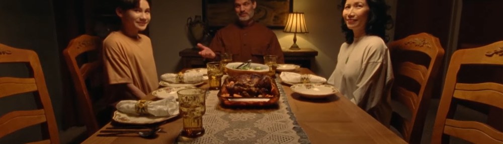 The family sits down for a dinner.