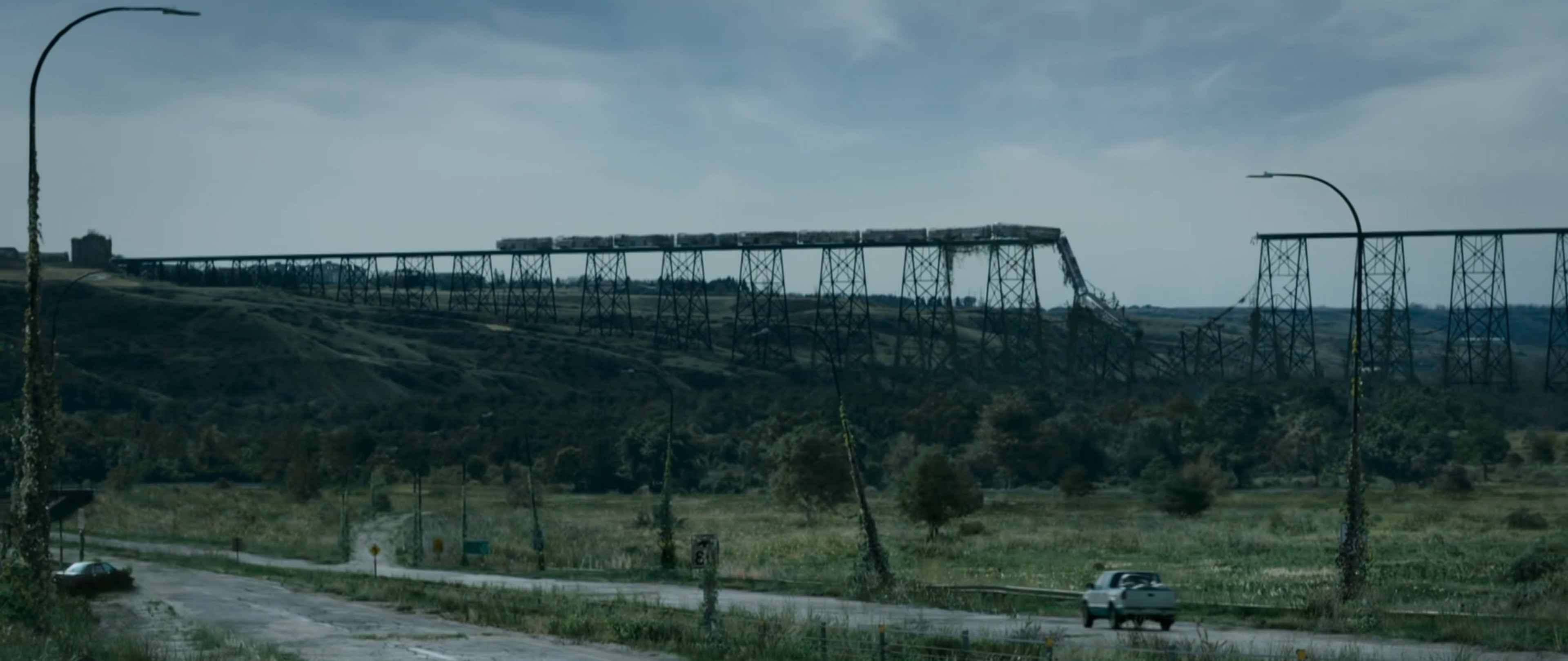 A collapsed train bridge.