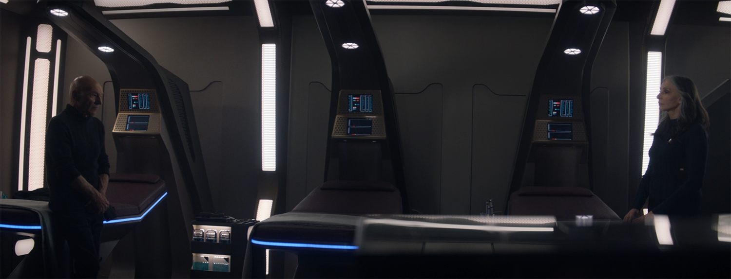 Picard and Beverly look at each other from opposite sides of the room.