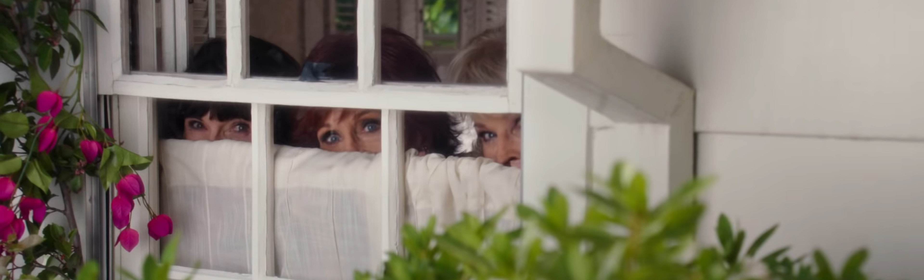 Women look out a window.