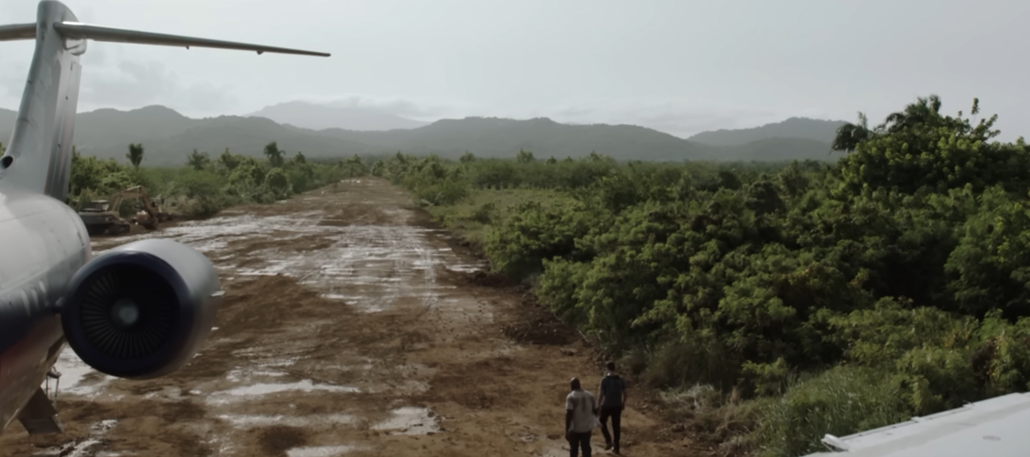 The plane on a makeshift runway