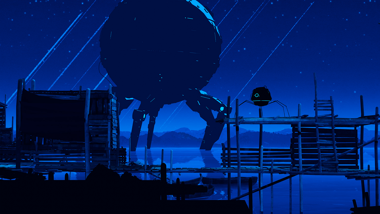 Large Mechs walk in the distance.