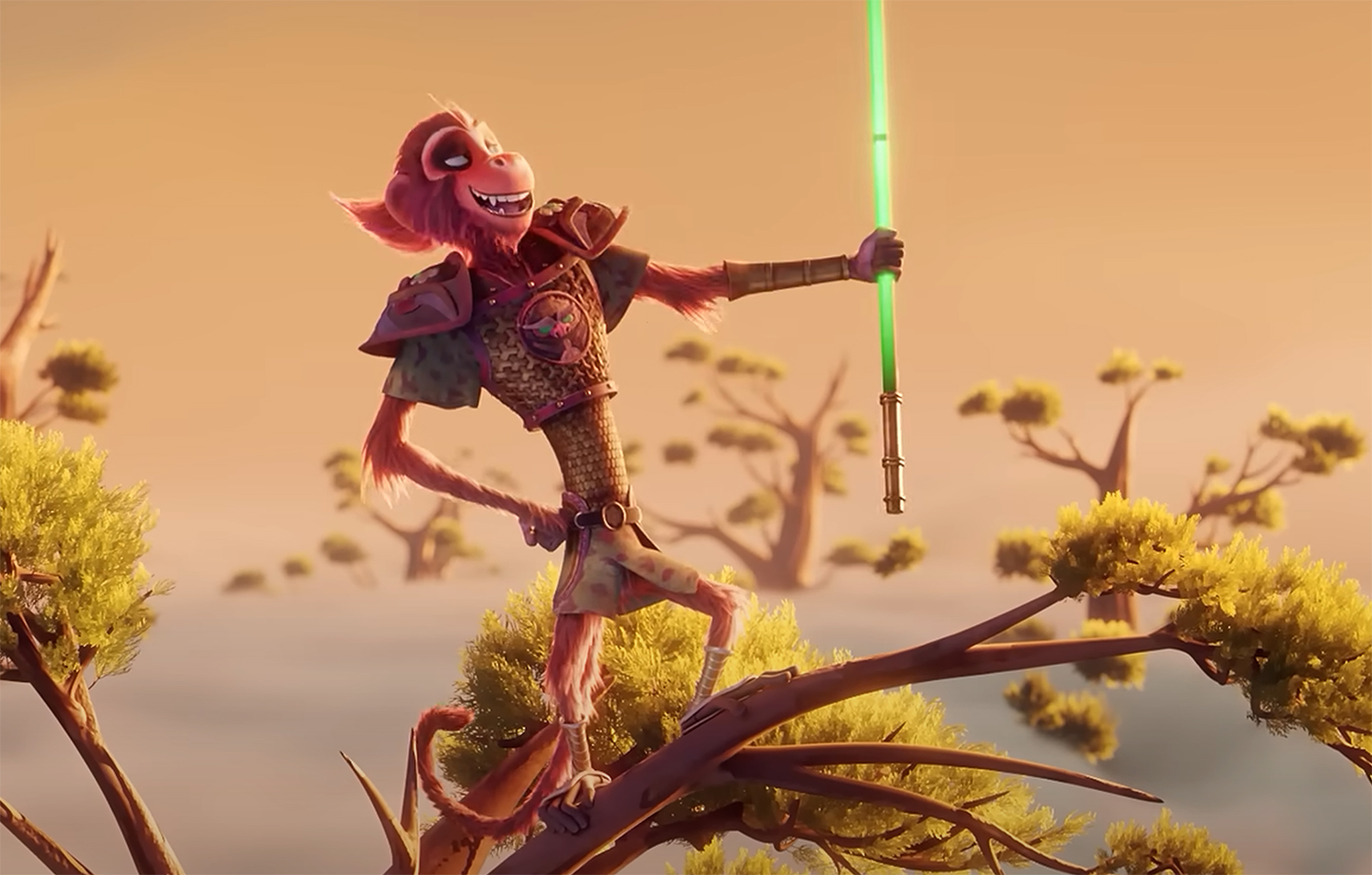 The Monkey and his stick on top of a tree.