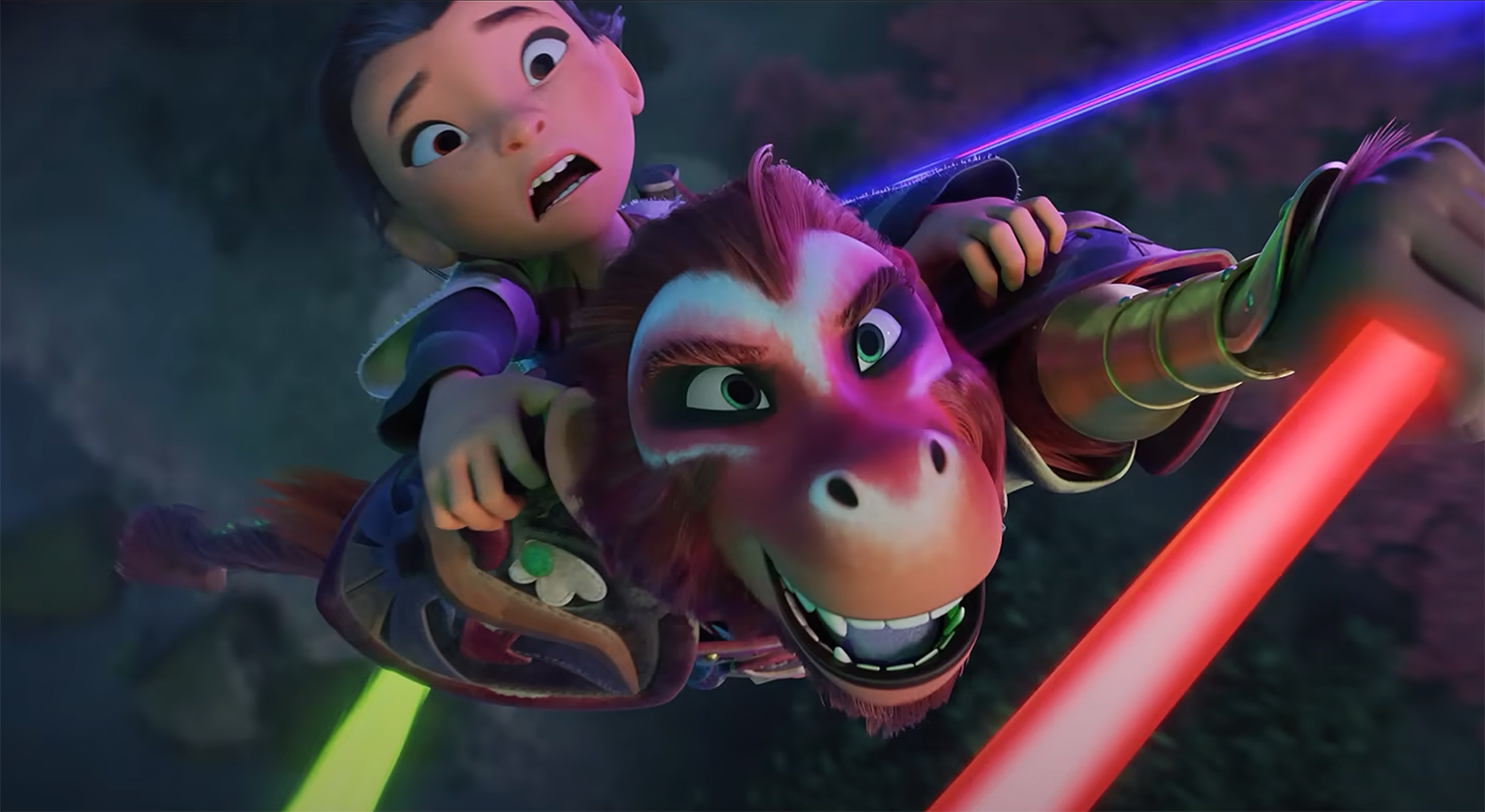 Lin rides on Monkey's back as the fly through the air.