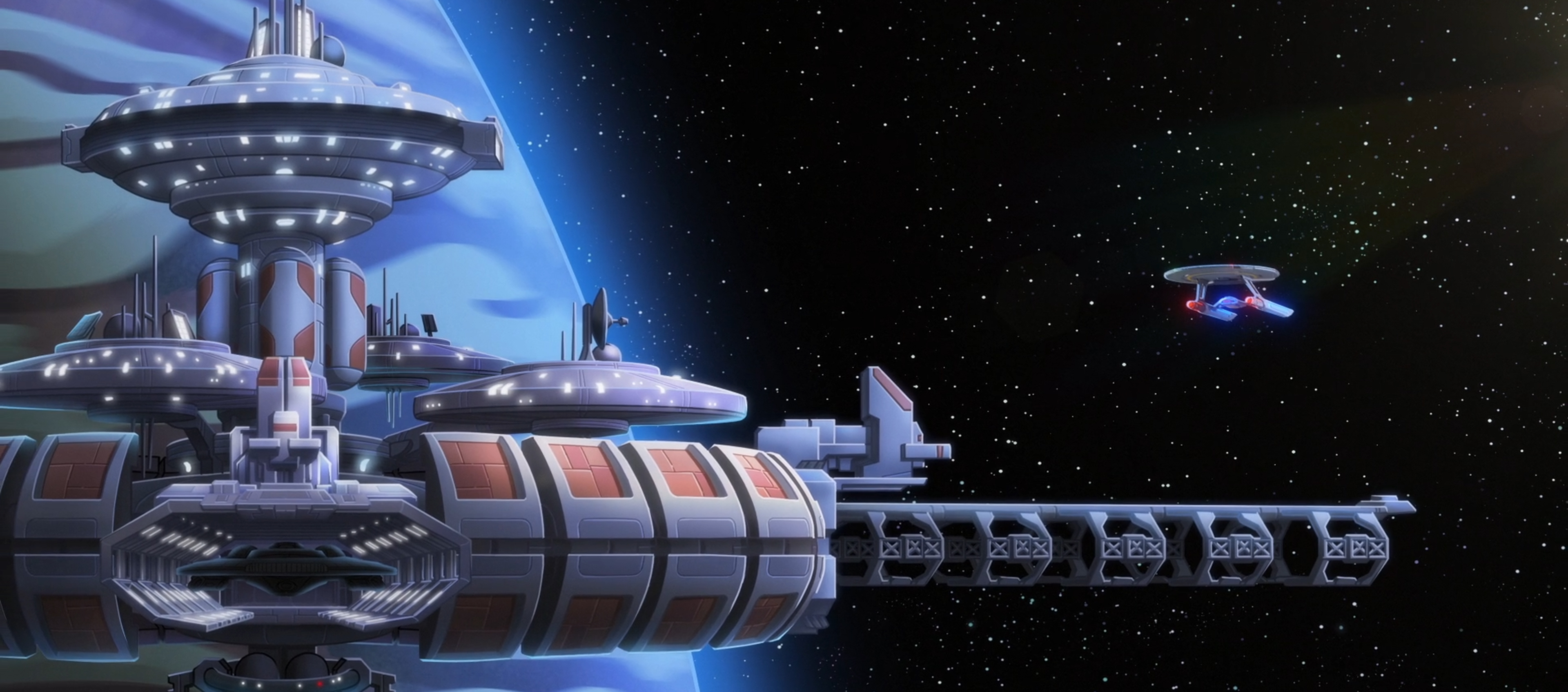 The USS Cerritos approaches the Star Base.