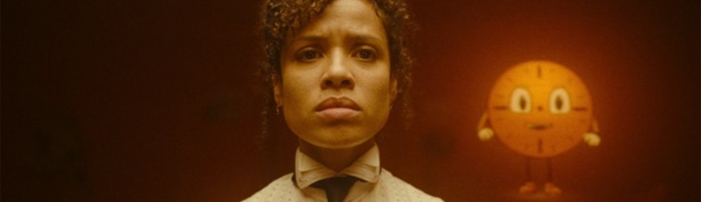 Renslayer looks on as she murders people, Miss Minutes smiling in glee in the background.