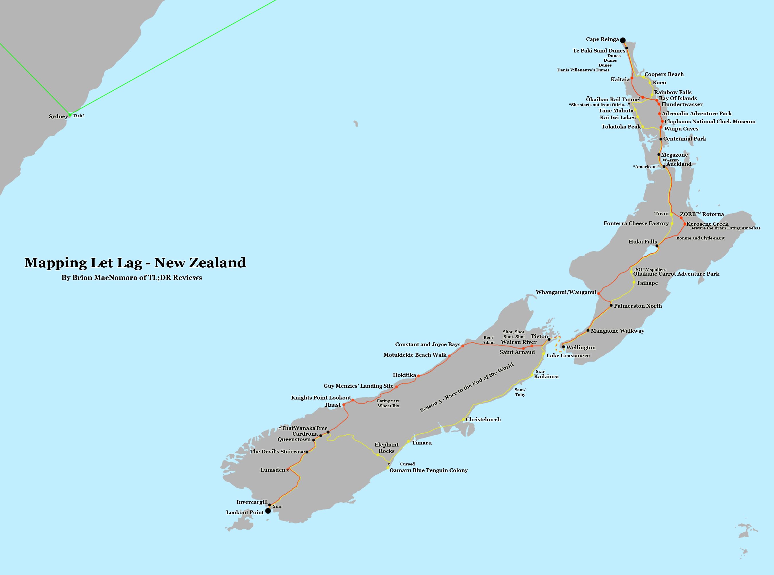 Jet Lag Map of New Zealand.
