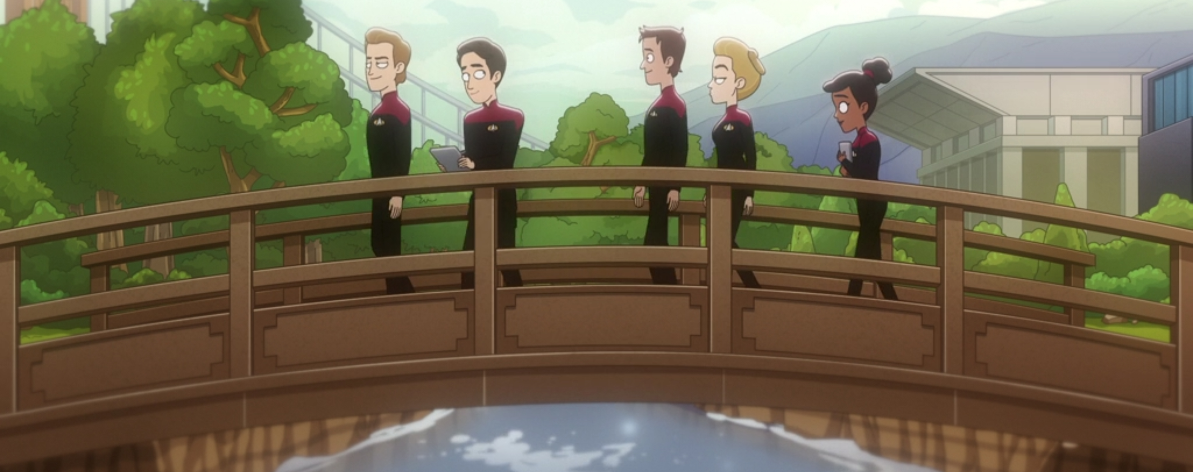 Walking across the bridge at the Starfleet Academy.