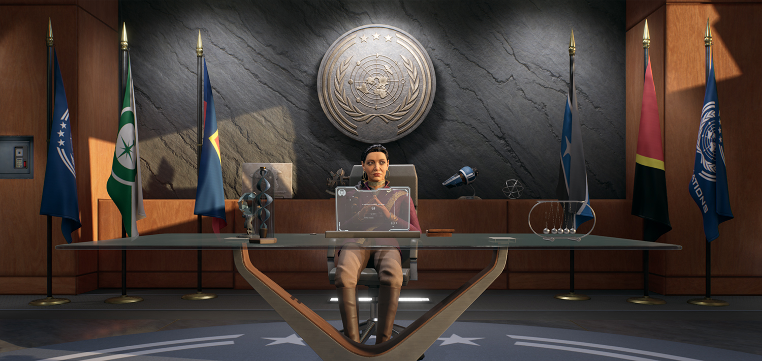 Chrisjen Avasarala (Shohreh Aghdashloo) behind her desk.