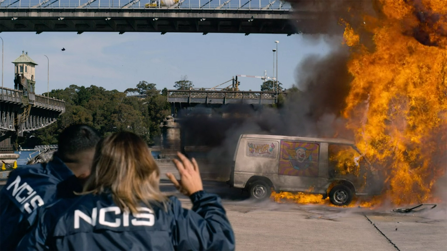 A van explodes.