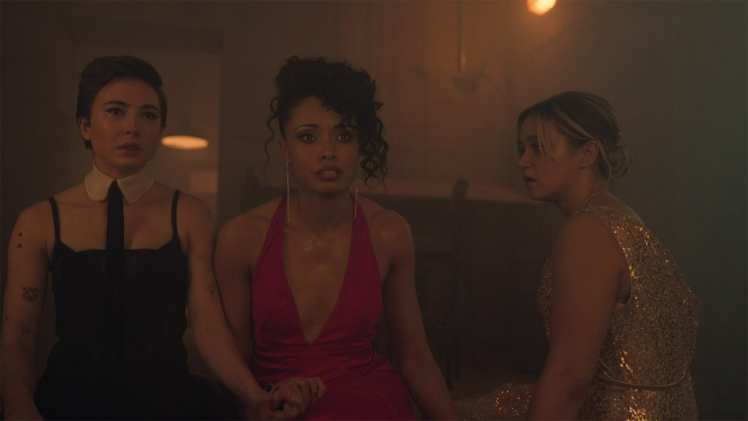 Mackey (Olivia Swann), Cooper (Tuuli Narkle), and Blue (Mavournee Hazel) stuck in the bunker.