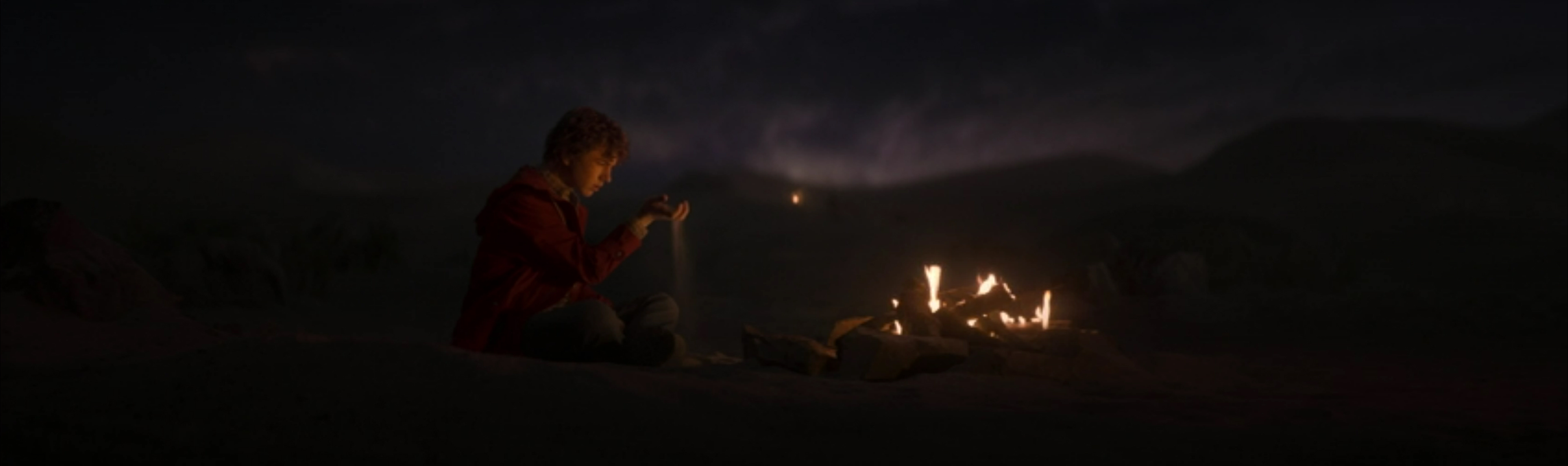 Percy sits in front of a fire.