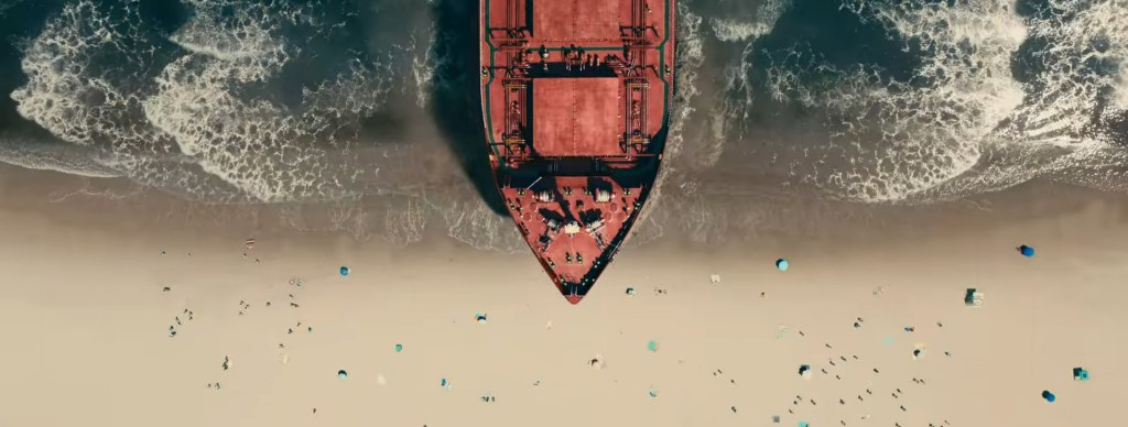 An Oil tanker crashes into the beach.