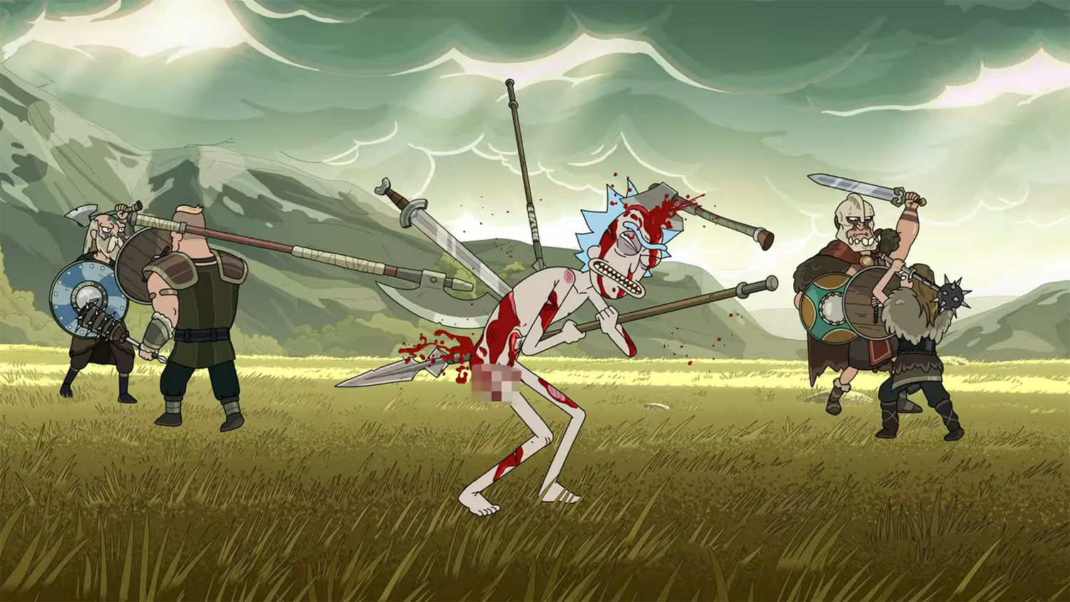 Rick gets impaled on numerous weapons.