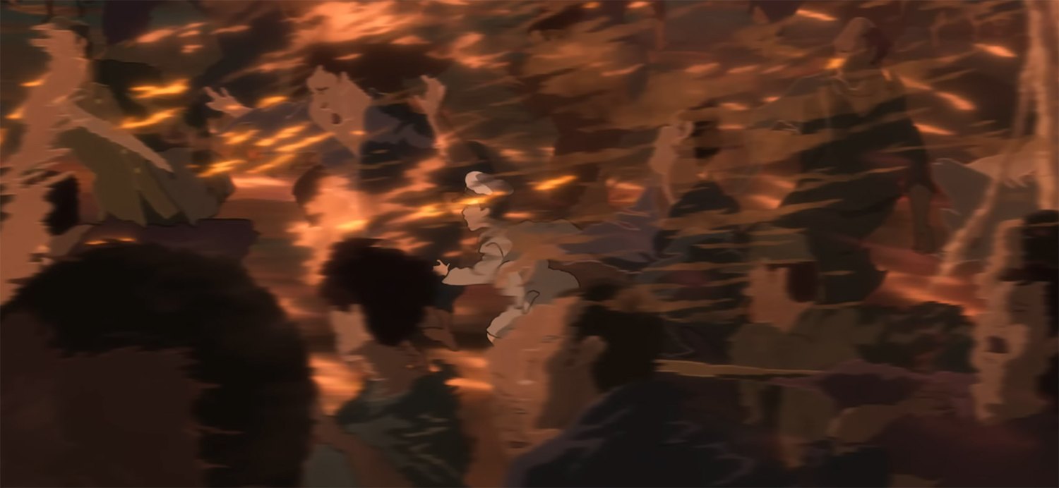 Mahito running through a crowd.