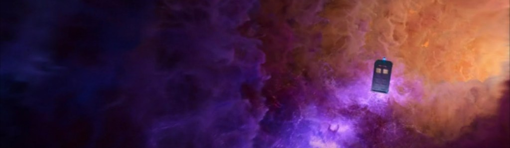 The TARDIS flying through space.