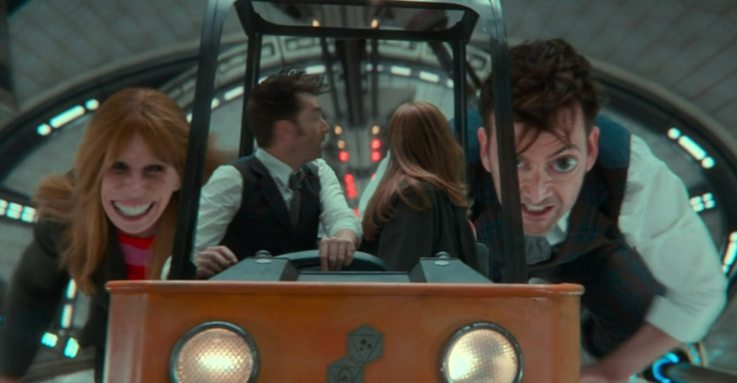 Large malformed versions of the Doctor and Donna chase the Doctor and Donna