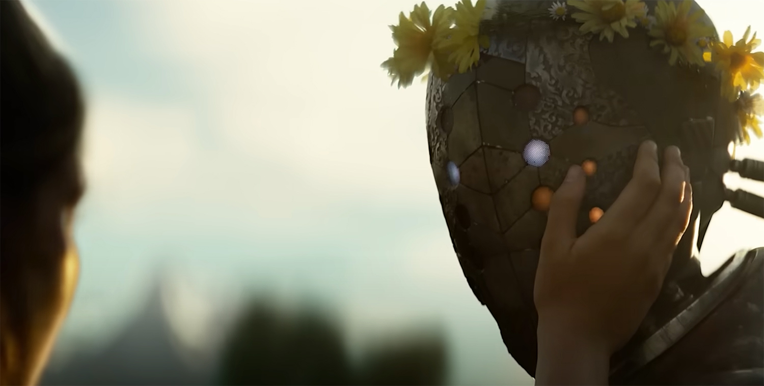 Robot wearing a flower crown.