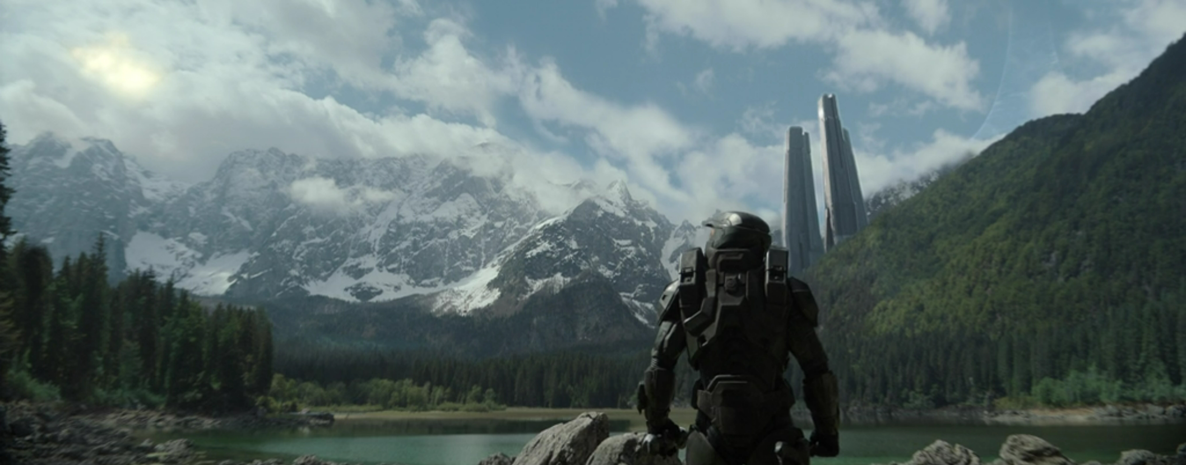 Master Chief looks up to the Halo.