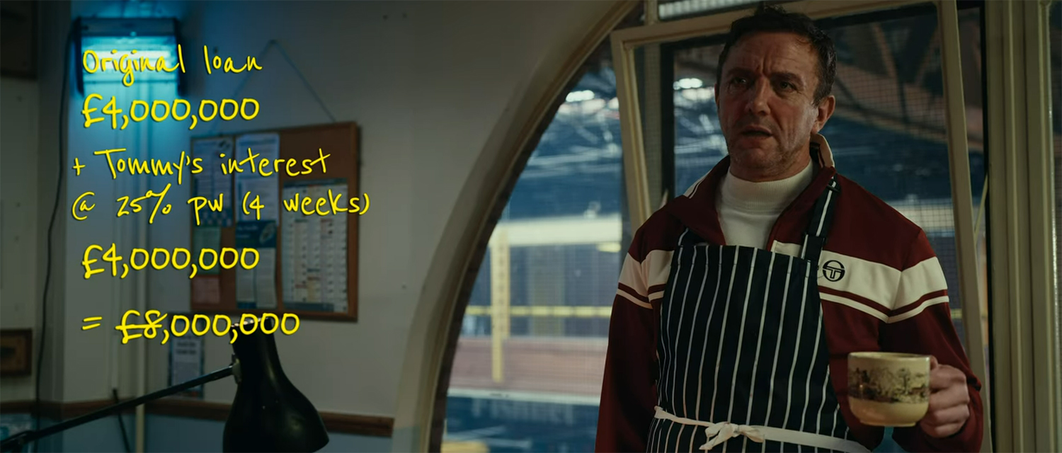 Peter Serafinowicz negotiates while the show sums it up in text.