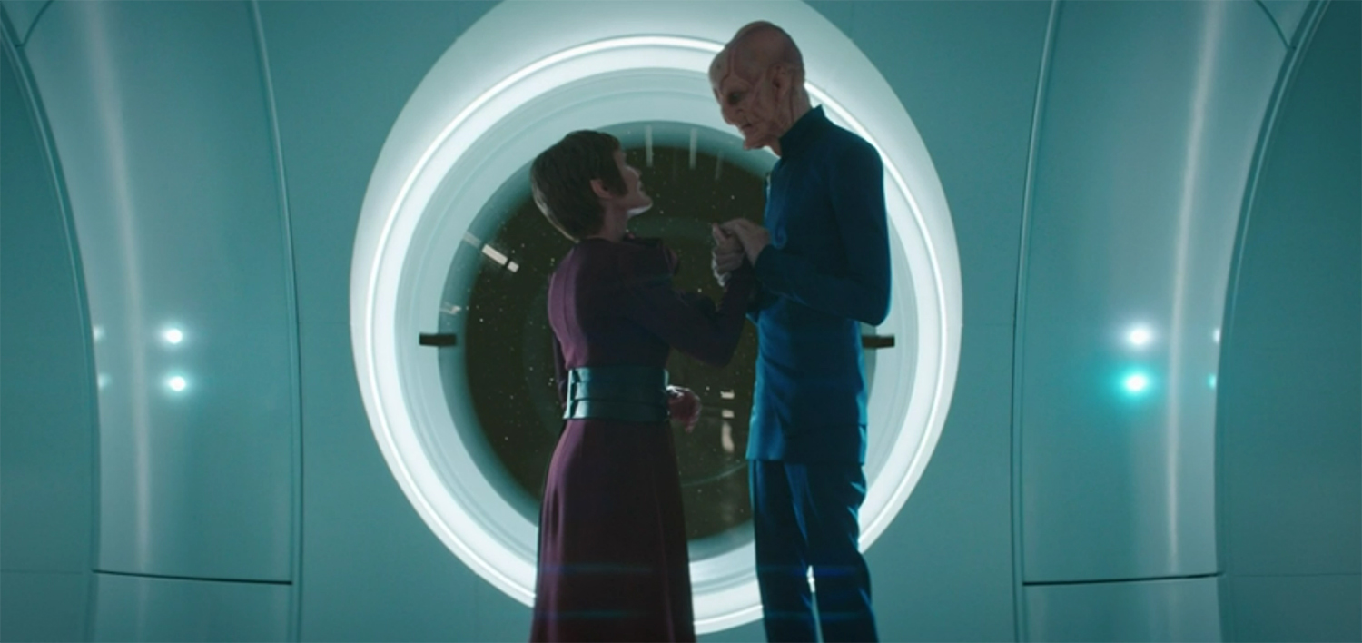 Saru (Doug Jones) and T’Rina embrace.