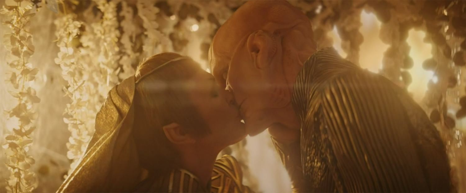 Saru (Doug Jones) and T’Rina embrace at their wedding.