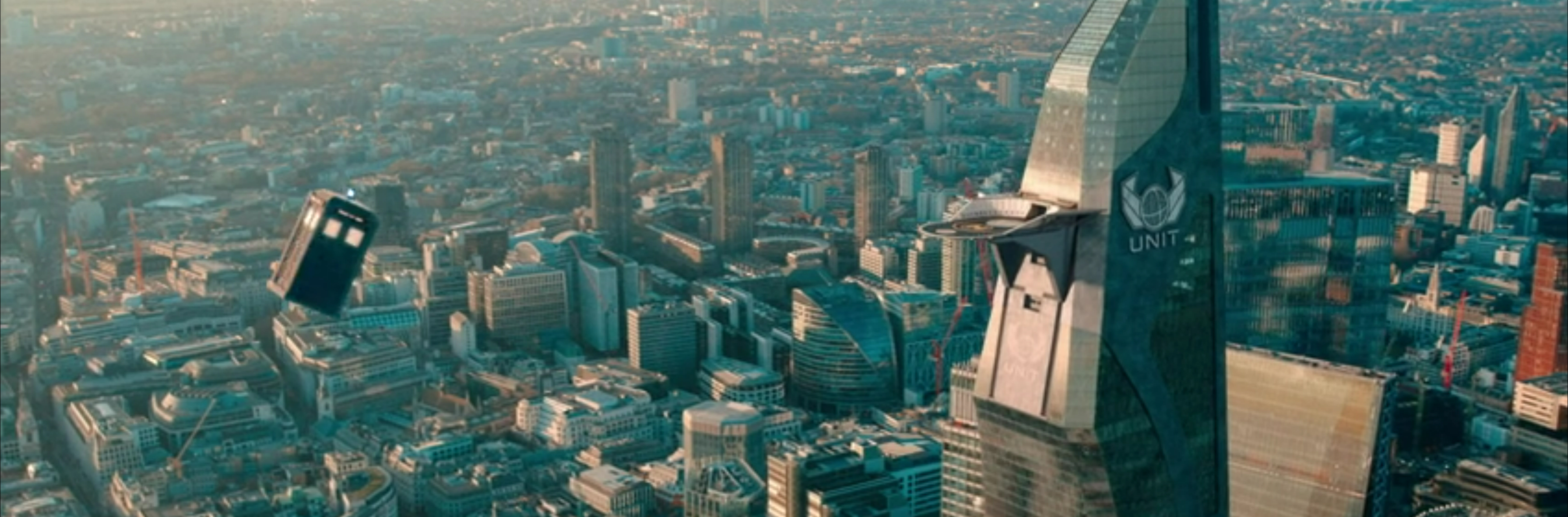 The TARDIS flies into UNIT Headquarters.