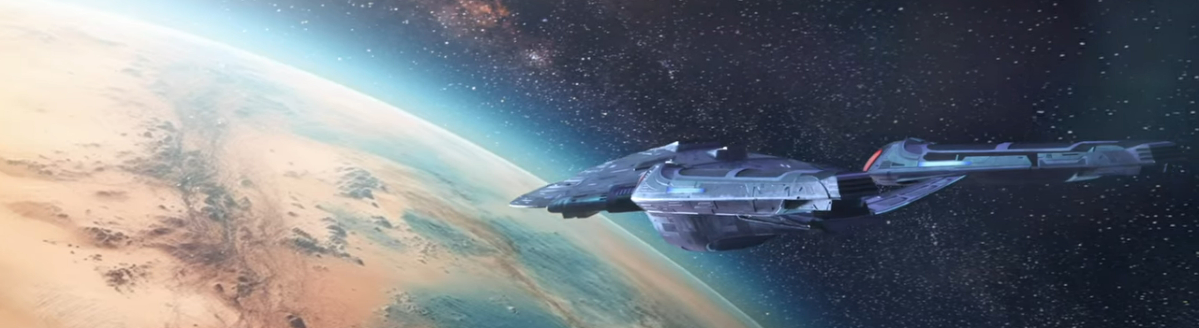 USS Voyager-A over a planet