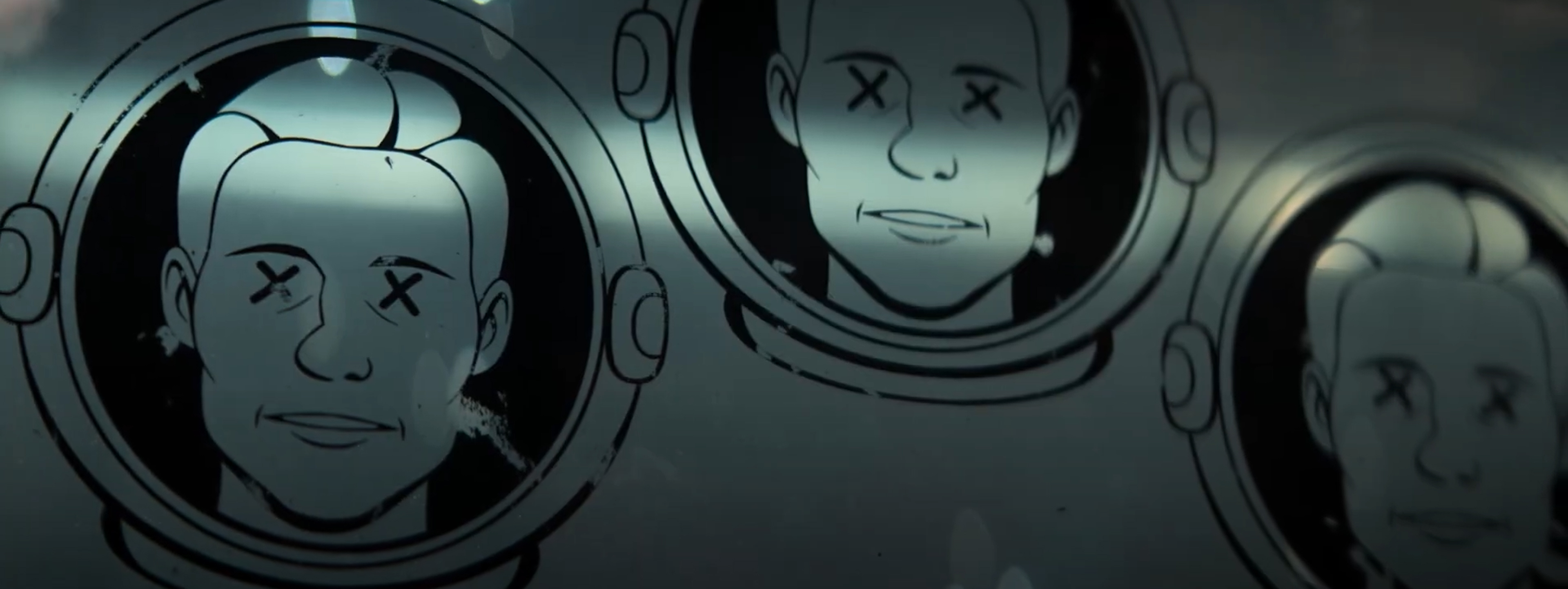 Three astronauts with crosses for eyes.