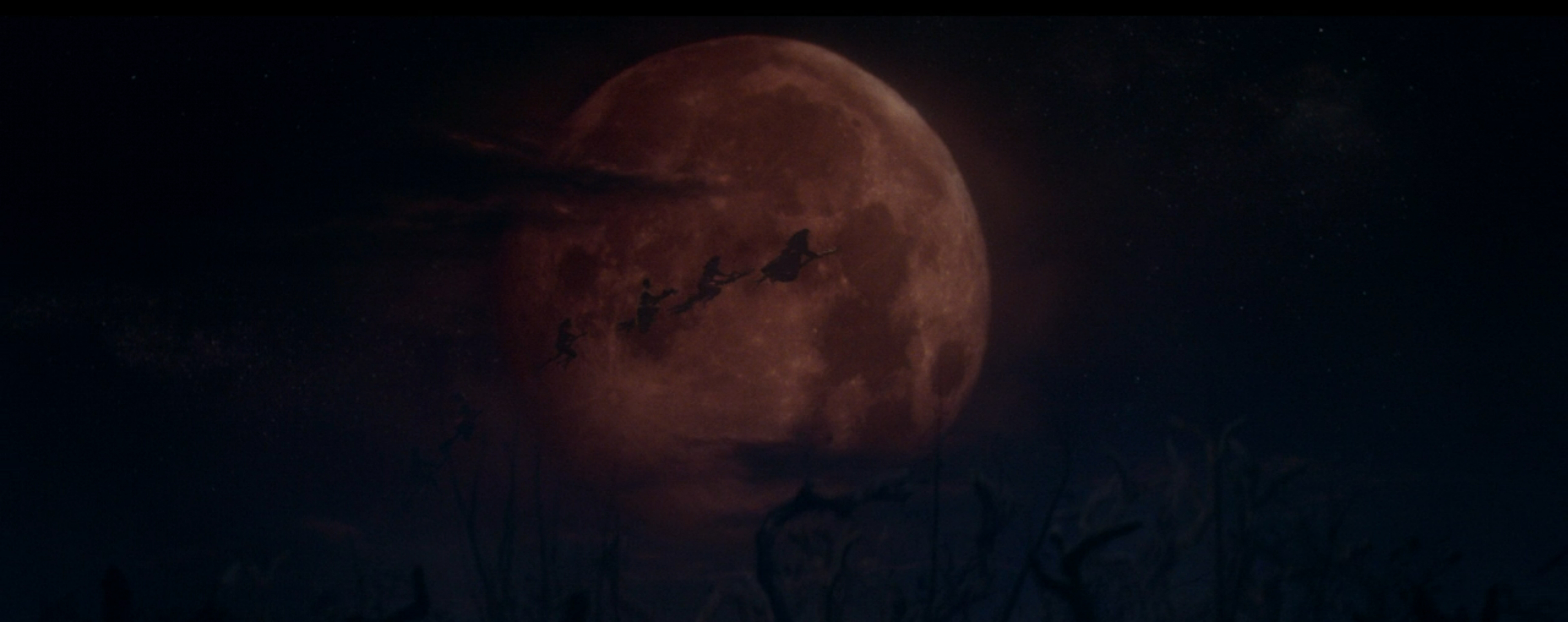 Witches fly in front of a blood moon.
